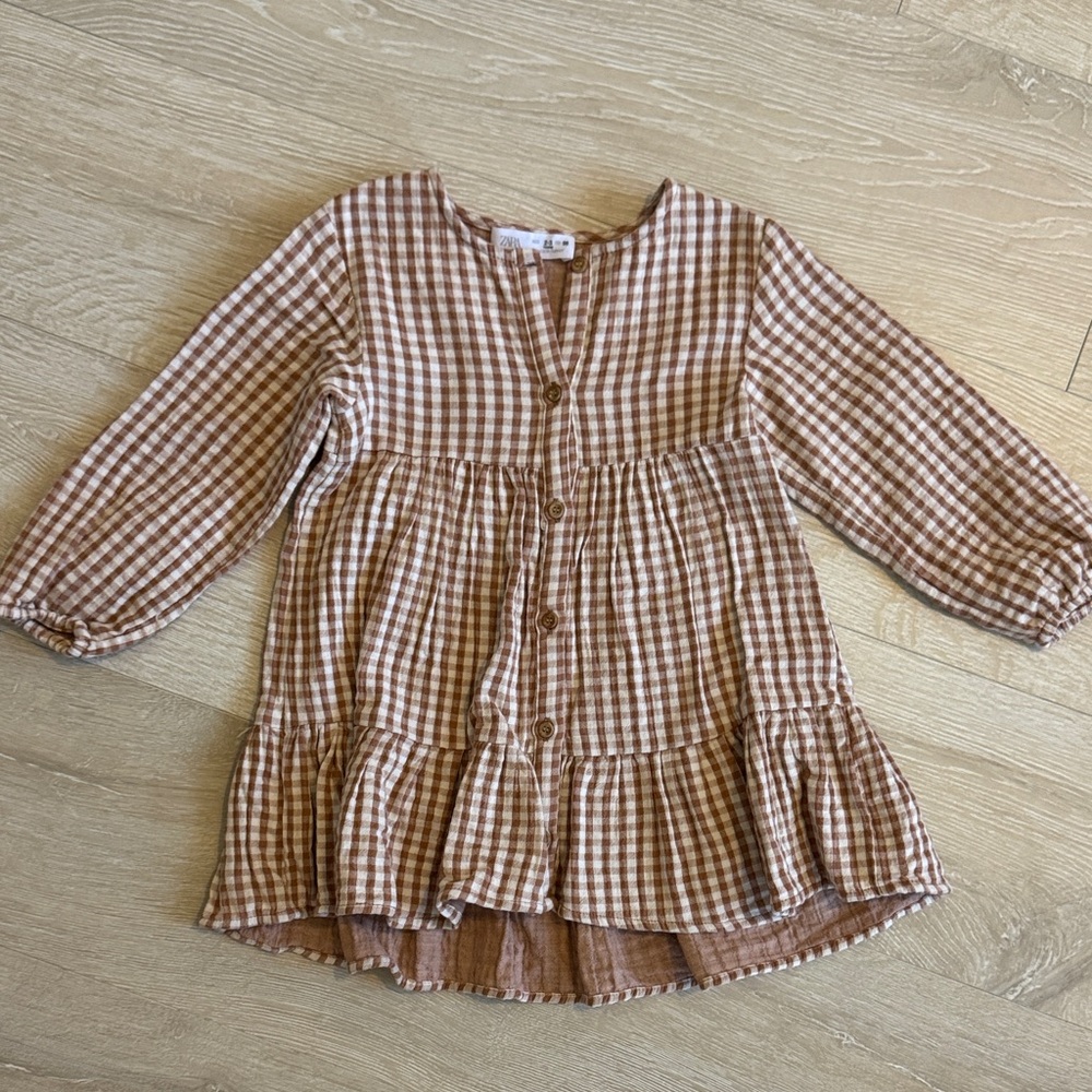 Zara Brown and White Gingham Button-Front Kids Dress